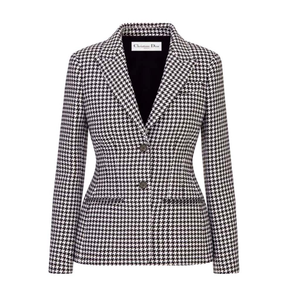 ÁO Dior Women Fitted Jacket Black and White Wool Twill and Silk with Micro Houndstooth Motif