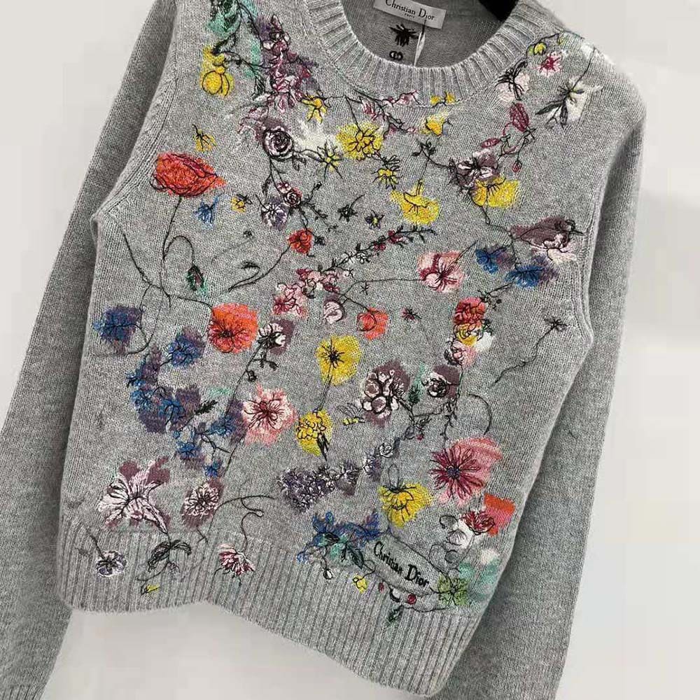 ÁO Dior Women Embroidered Sweater Gray Cashmere Knit with Red Multicolor Florilegio Motif