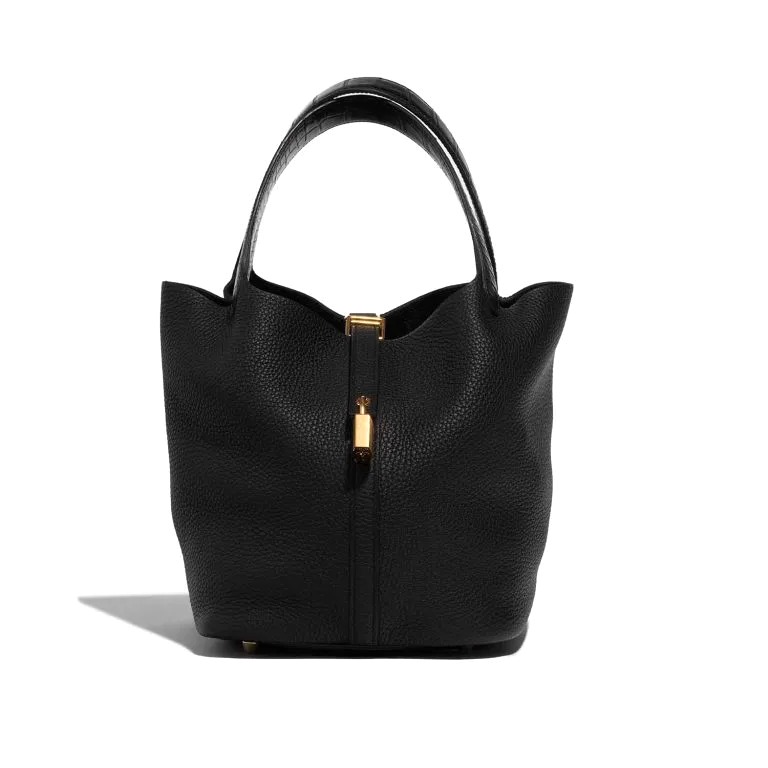 TÚI Hermès Picotin Touch 22 Clemence Matte Alligator Black Gold Buckle khóa vàng quai xách da cá sấu