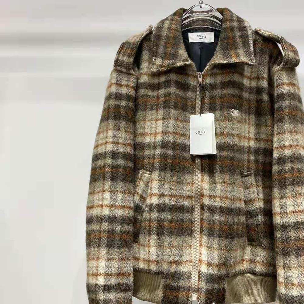 ÁO Celine Women Loose Teddy Jacket in Brushed Checked Tweed