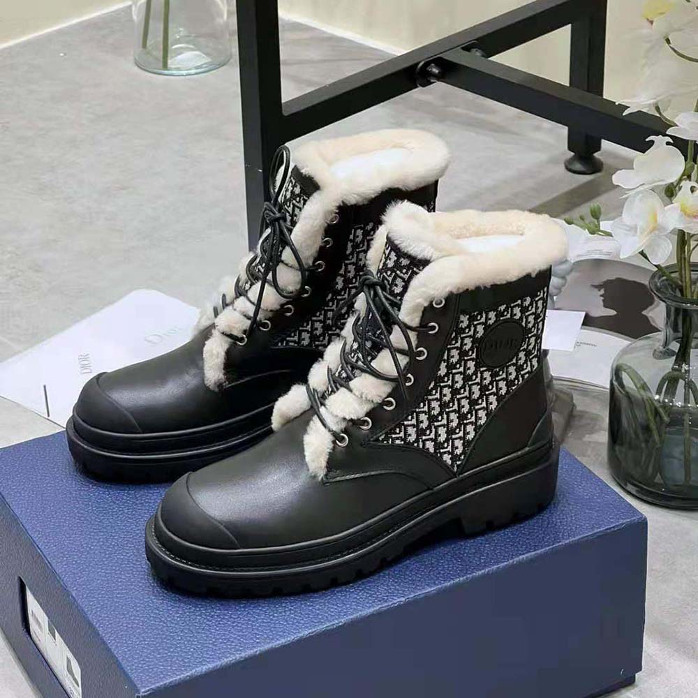 GIÀY Dior Explorer Ankle Boot Black Smooth Calfskin and Dior Oblique Jacquard