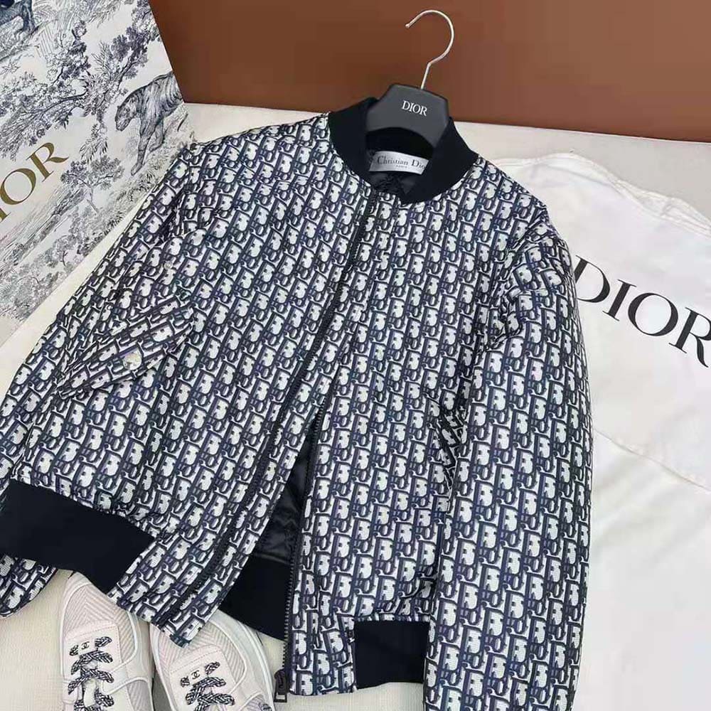 ÁO Dior Women Bomber Jacket with Criss Cross Collar Blue and Ecru Technical Taffeta Jacquard