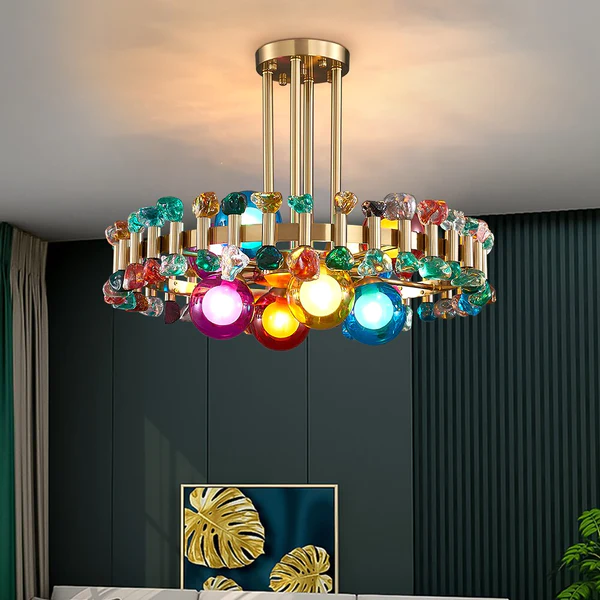 ĐÈN CHÙM ĐÁ QUÝ Gem And Crystal Round Chandelier