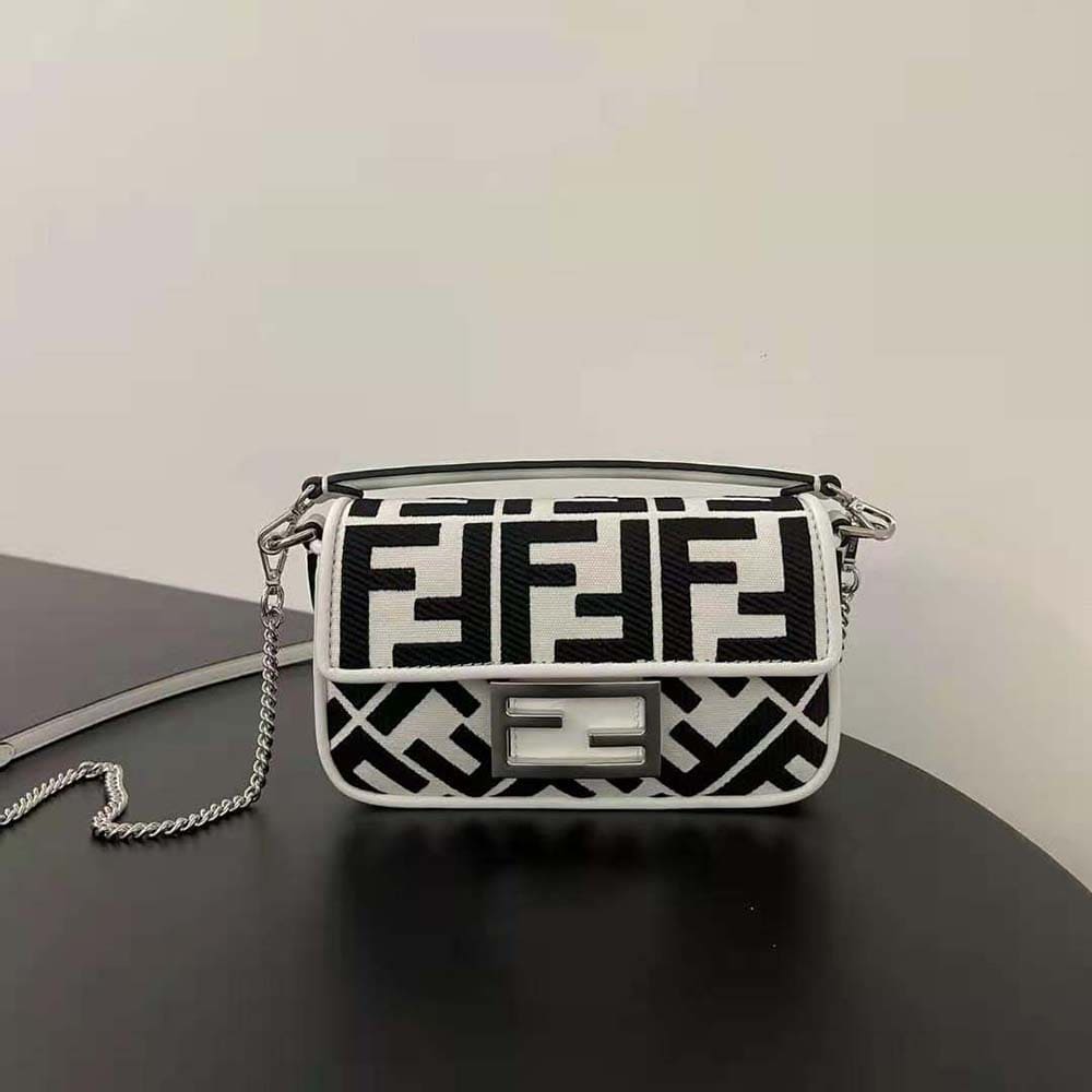TÚI FENDI Women Baguette Mini White and Black Canvas Bag with FF Embroidery