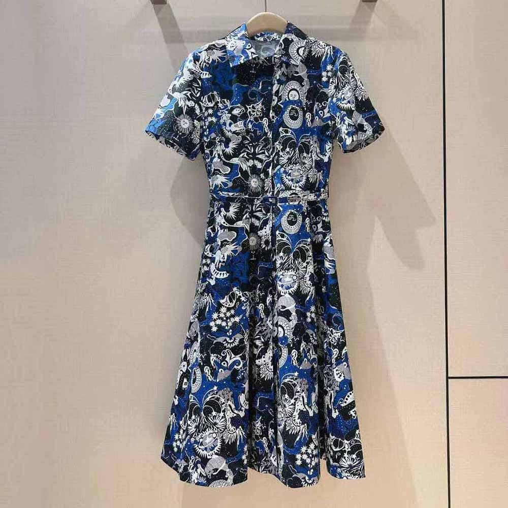 VÁY Dior Women Mid-Length Belted Dress Blue Dior Zodiac Fantastico Cotton Poplin