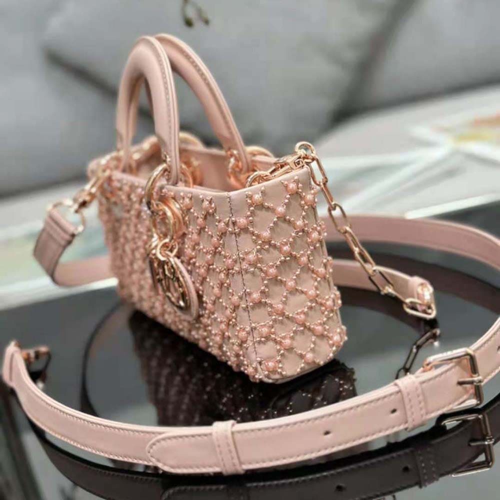 TÚI Dior Women Small Lady D-joy Bag Rose Des Vents Cannage Calfskin Embroidered with Resin Pearls