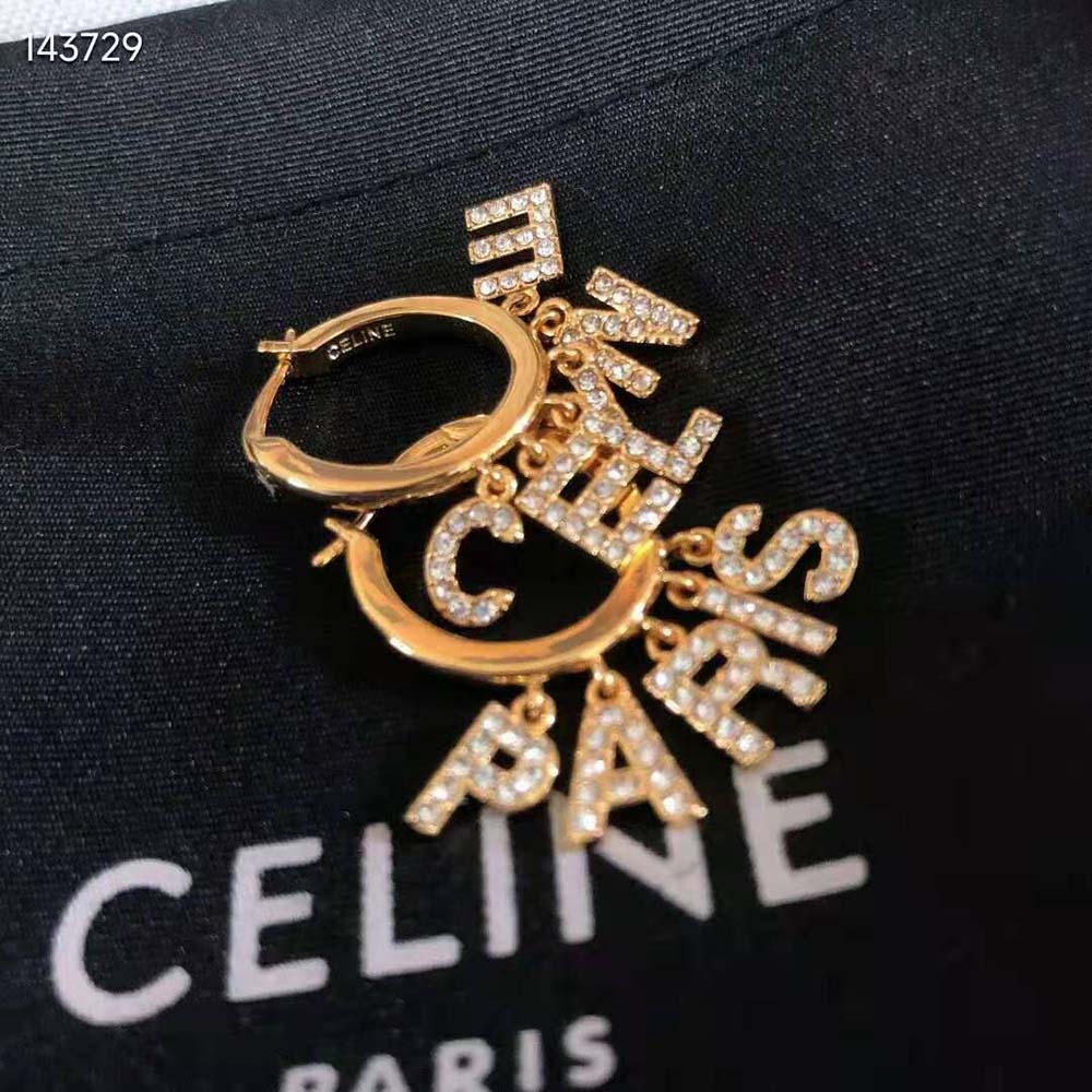 Bông tai Celine Paris Hoops in Brass with Gold Finish and Crystals