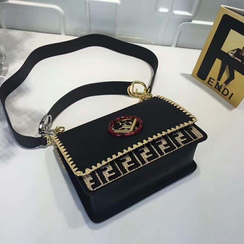 TÚI Fendi Women KAN I F Exotic Black Leather and Raffia Bag