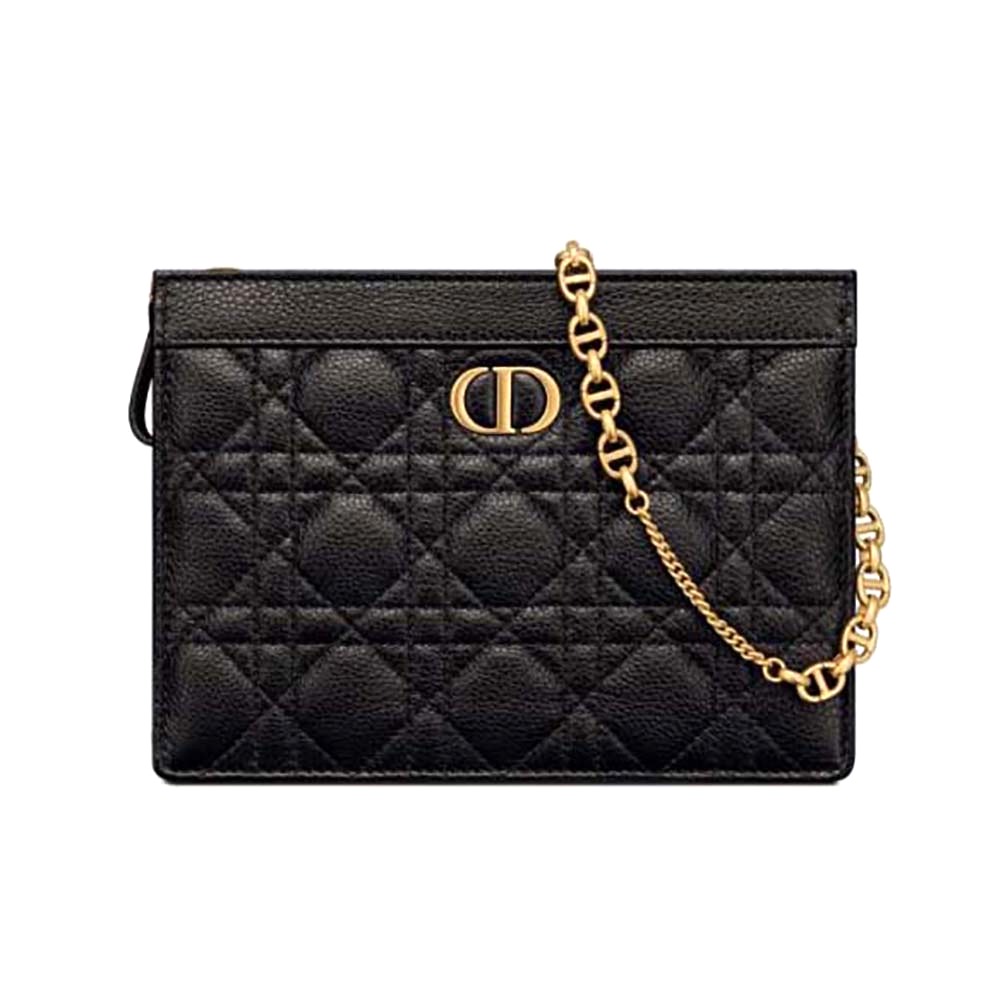 TÚI Dior Women Caro Zipped Pouch with Chain Black Supple Cannage Calfskin