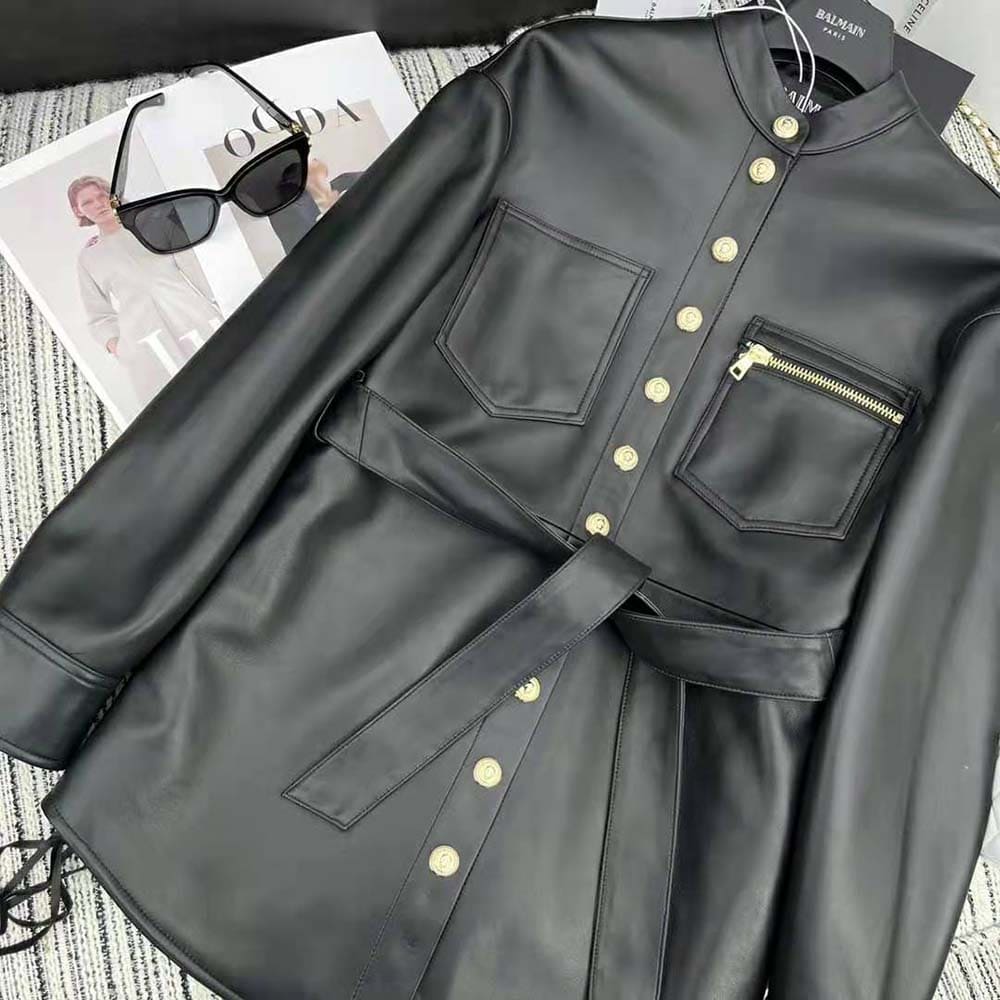 ÁO Balmain Women Leather Overshirt with Lace-up Details