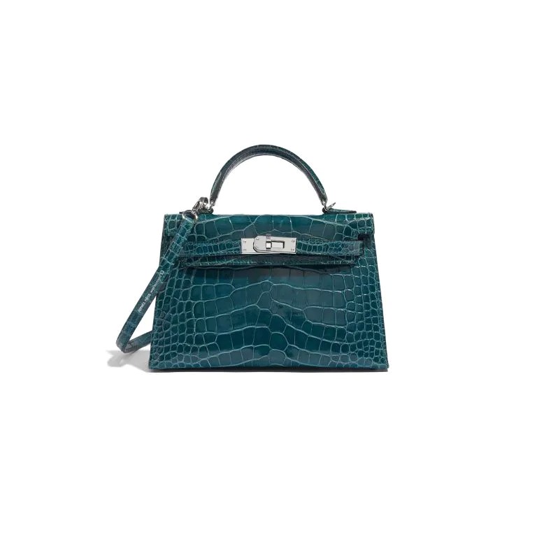 TÚI Hermès Kelly Mini Alligator Vert Bosphore Silver Buckle khóa trắng