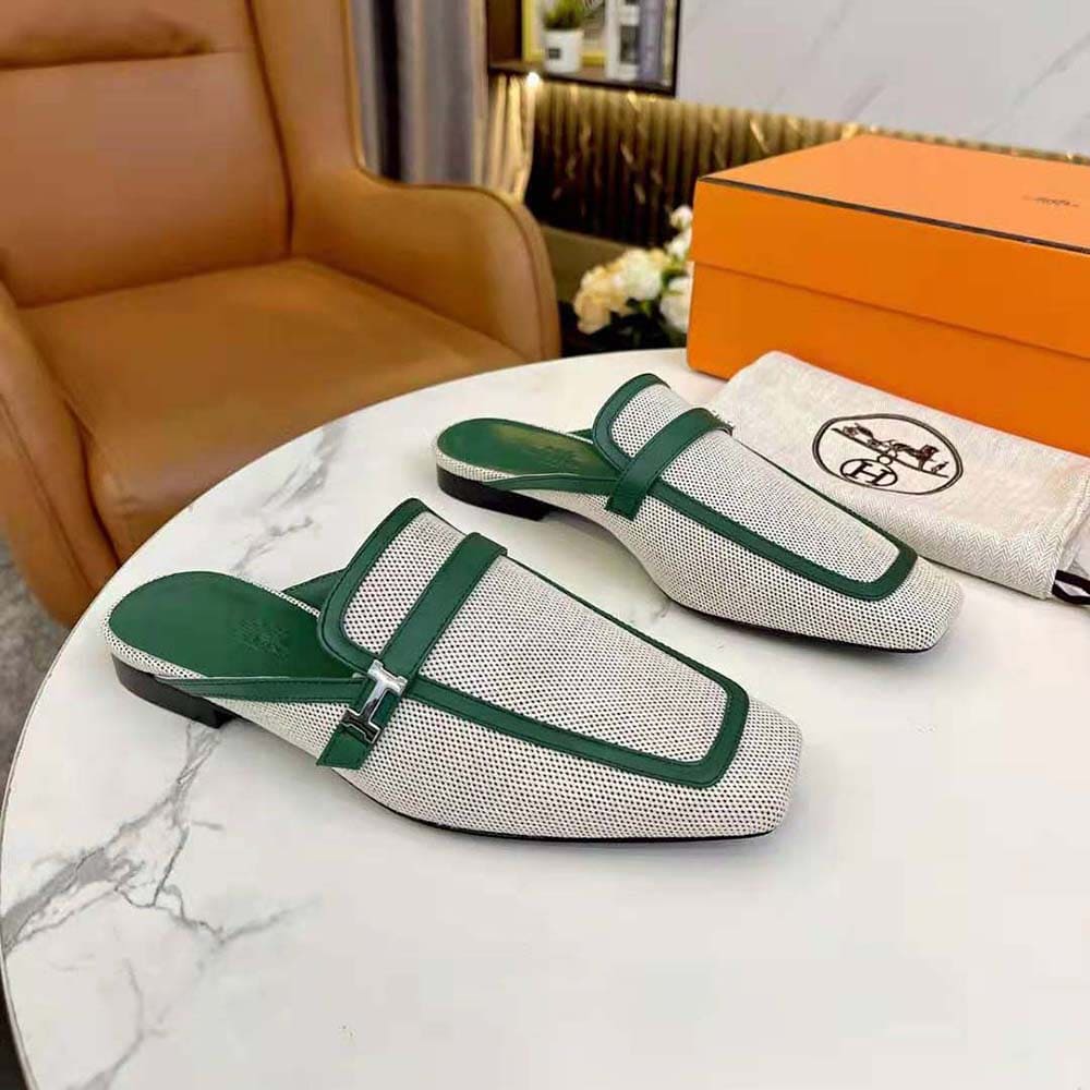 GIÀY Hermes Women in H Canvas and Calfskin-Green