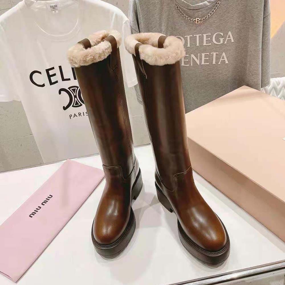GIÀY Miu Miu Women Fumé Leather Boots-Brown