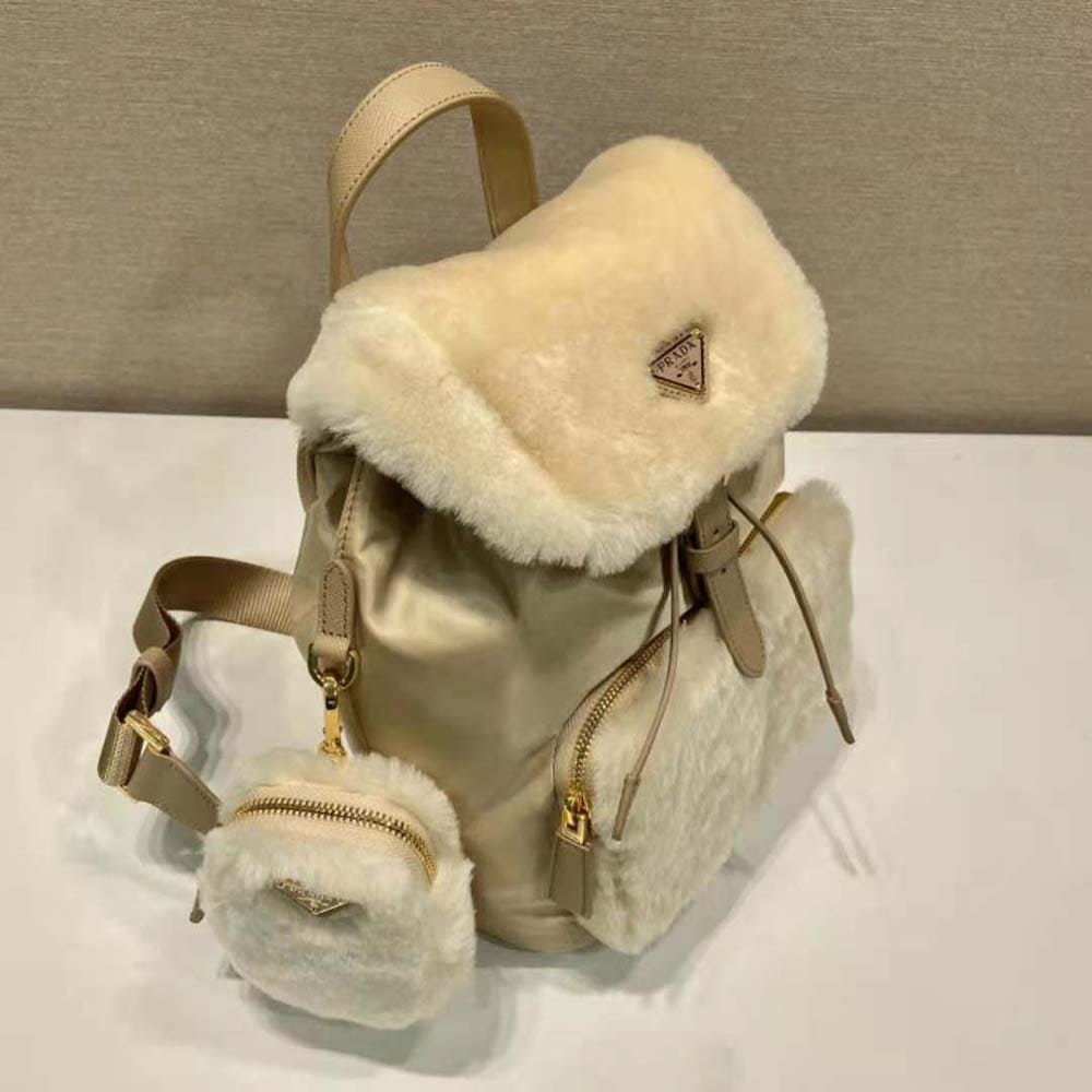 BALO Prada Women Re-Nylon and Shearling Backpack-Beige