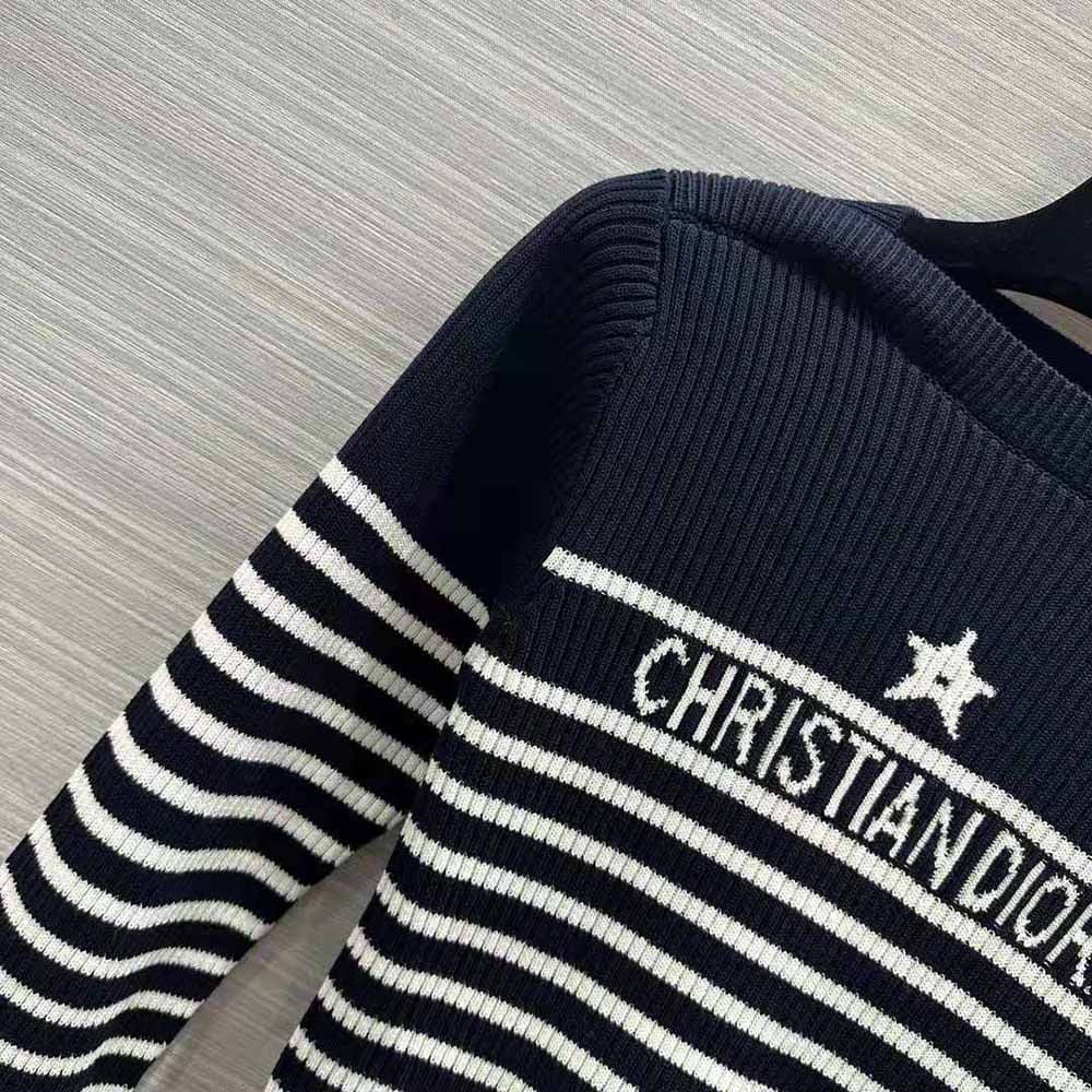 ÁO Dior Women Sweater Navy Blue and White Cotton Ribbed Knit with Signature