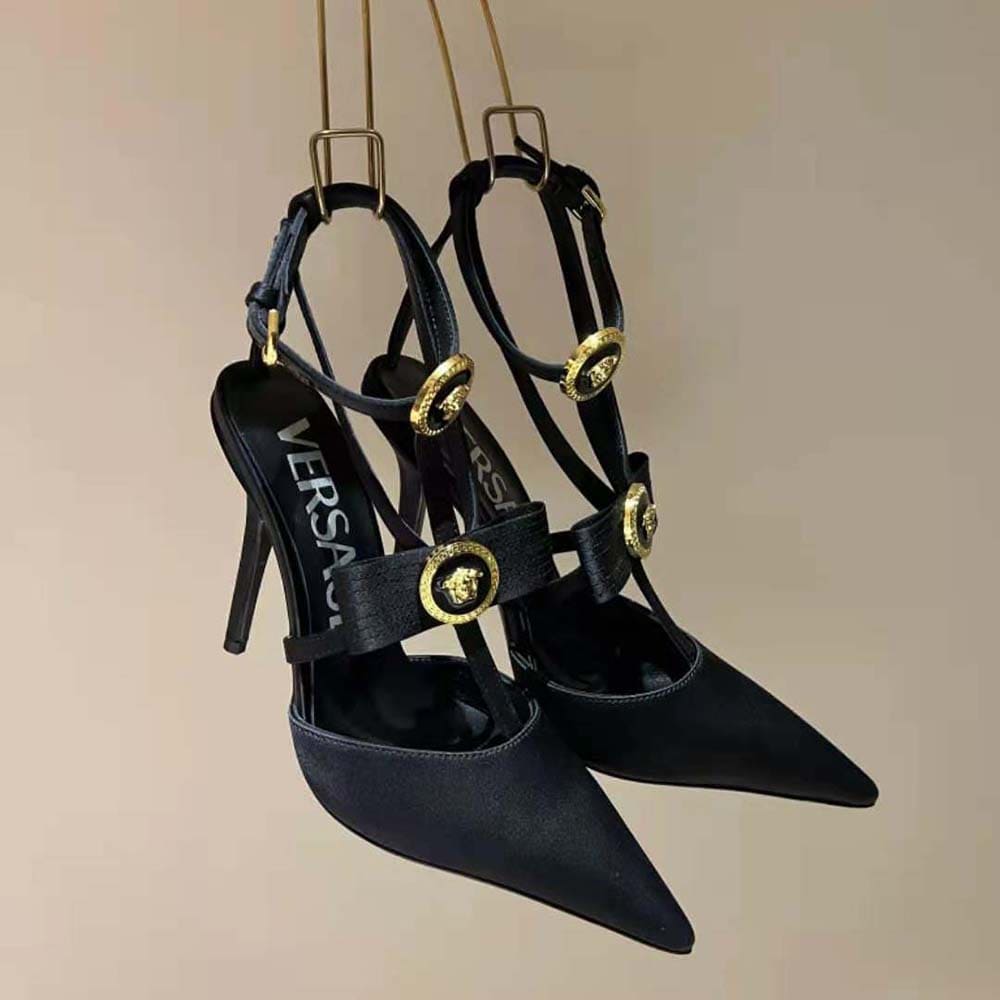 GIÀY Versace Women Gianni Ribbon Cage Satin Pumps-Black