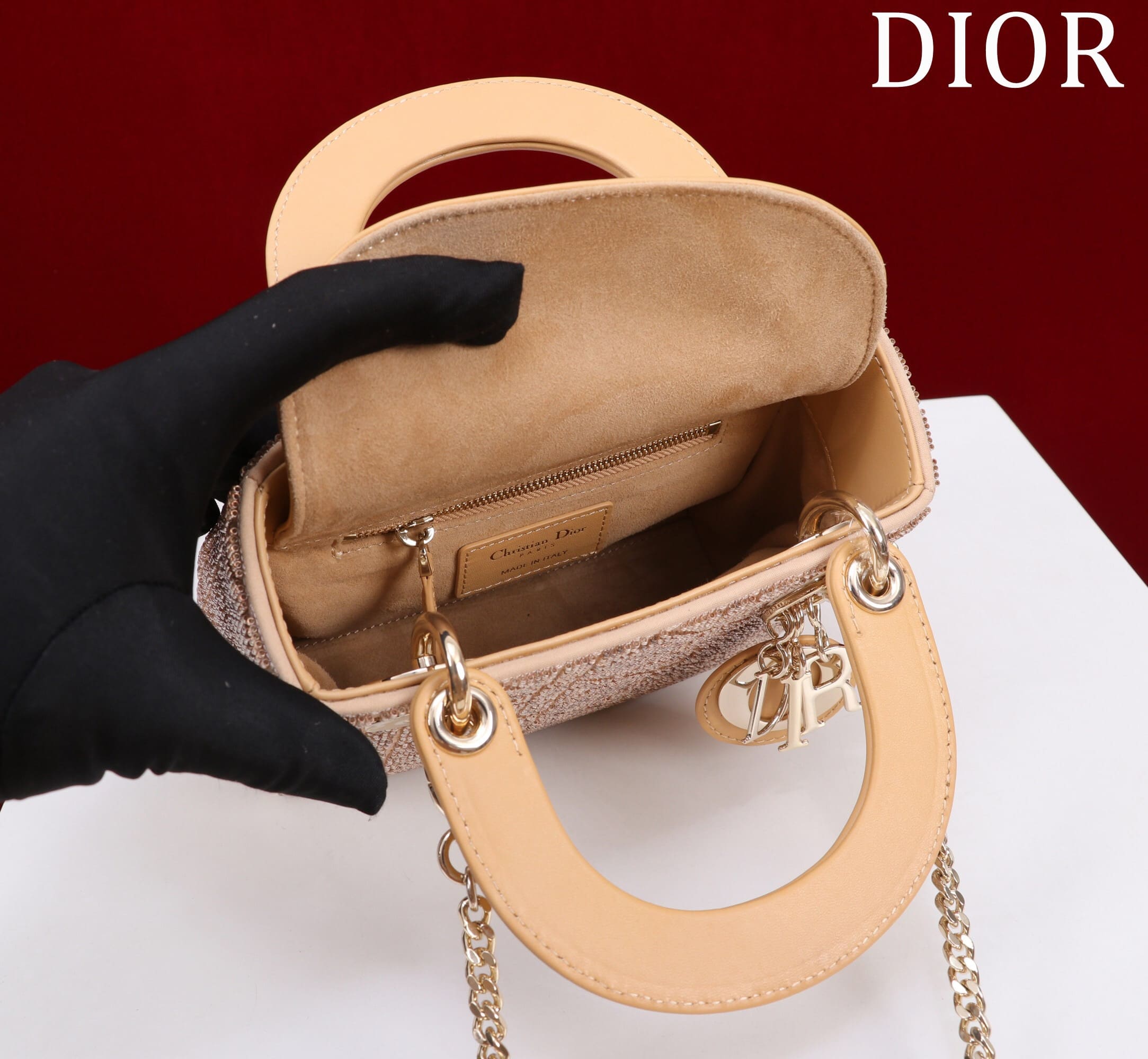 TÚI CHRISTIAN DIOR LADY DIOR Cannage Calfskin with Platinum Beaded Embroidery Brown