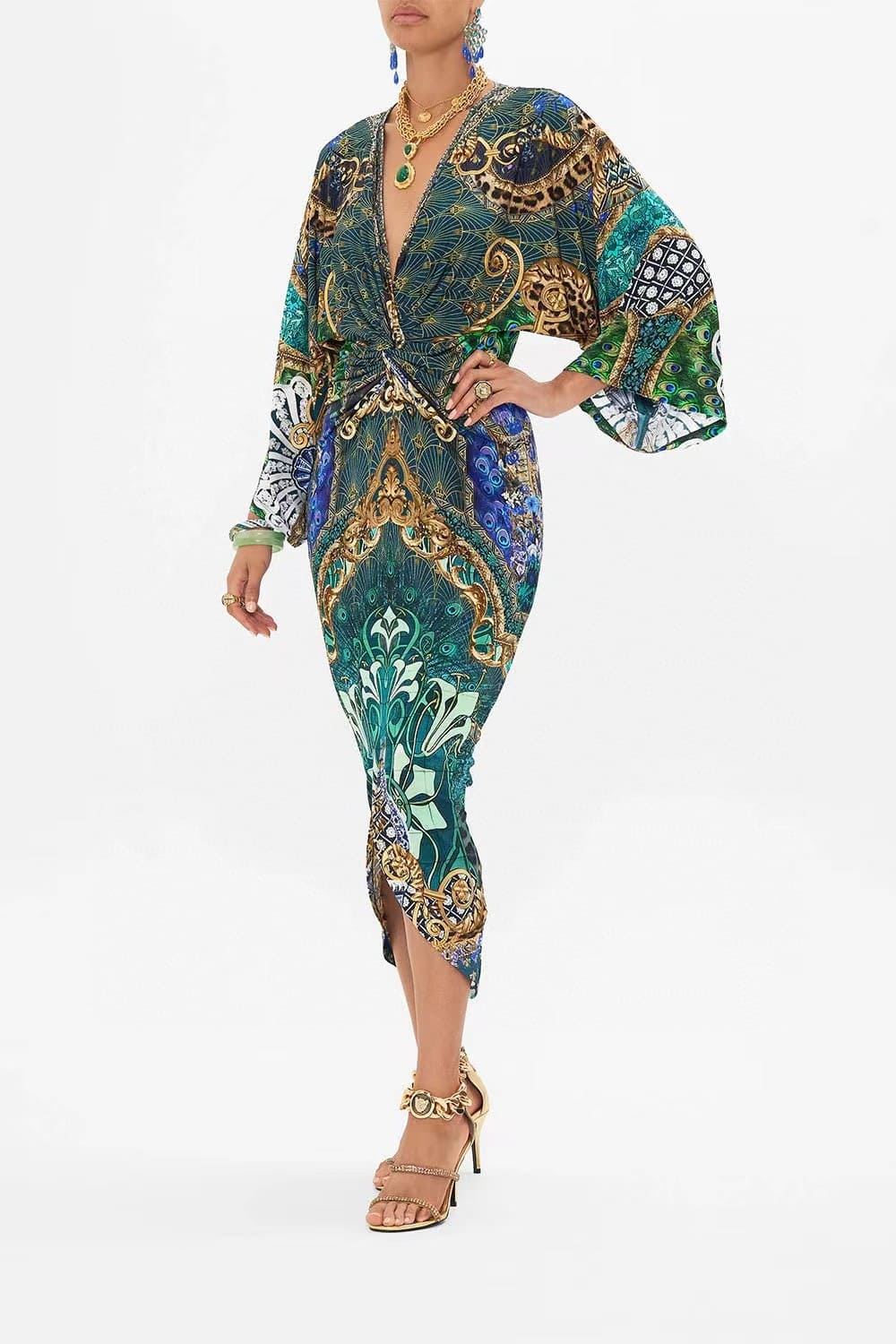 VÁY CAMILLA V NECK GREEN PEACOCK LONG DRESS High Classy