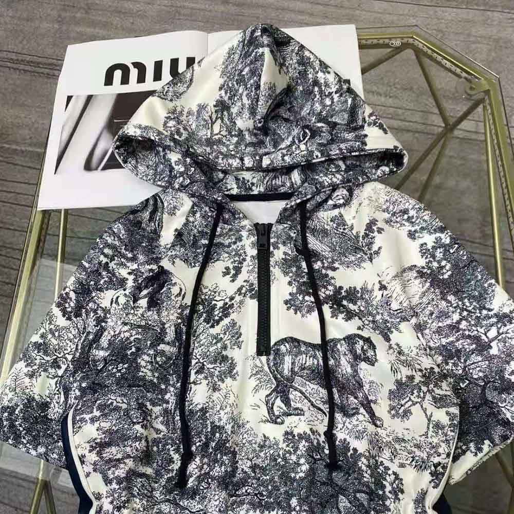 ÁO Dior Women Short Hooded Dress Black and White Technical Taffeta Jacquard