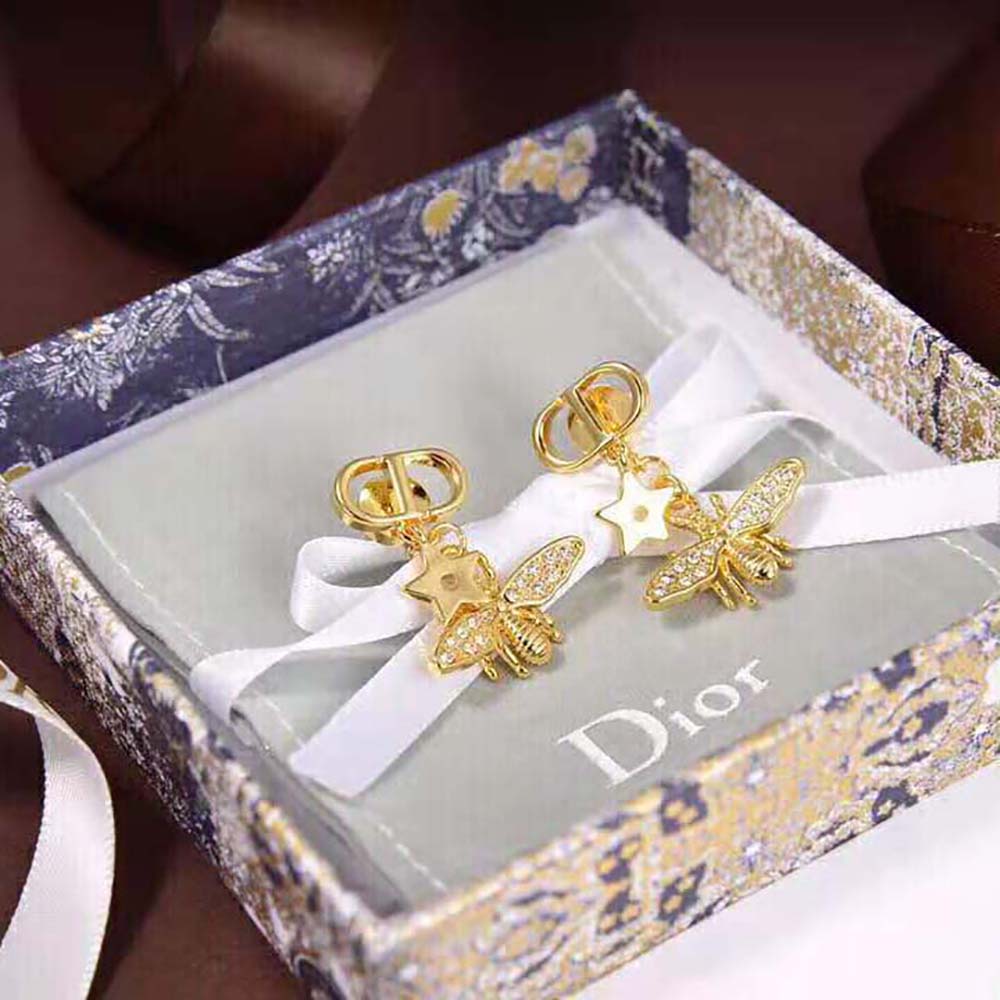 Bông tai Dior Women Petit CD Earrings Gold-Finish Metal and White Crystals