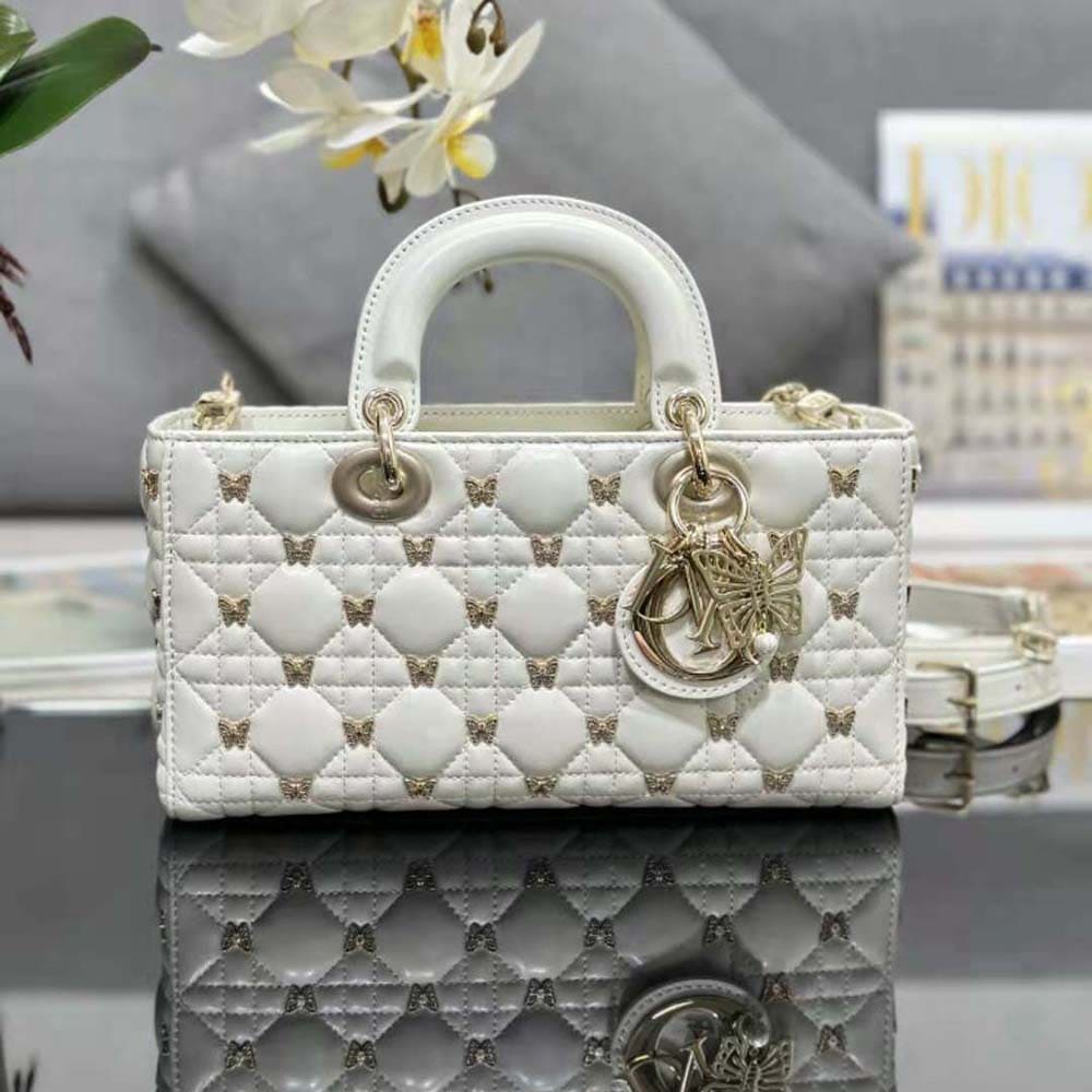 TÚI Dior Women Medium Lady D-joy Bag White Cannage Lambskin with Gold-Finish Butterfly Studs