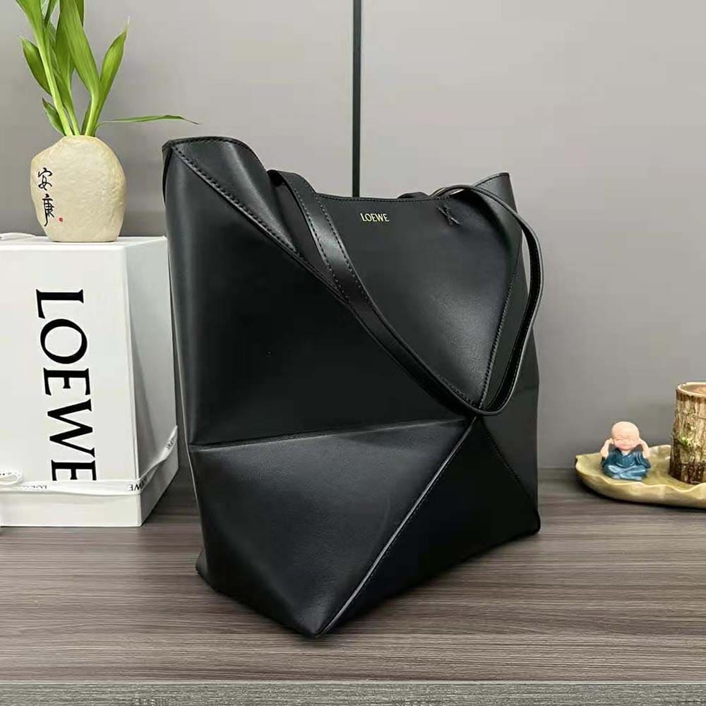 TÚI Loewe Unisex Puzzle Fold Tote in Shiny Calfskin-Black
