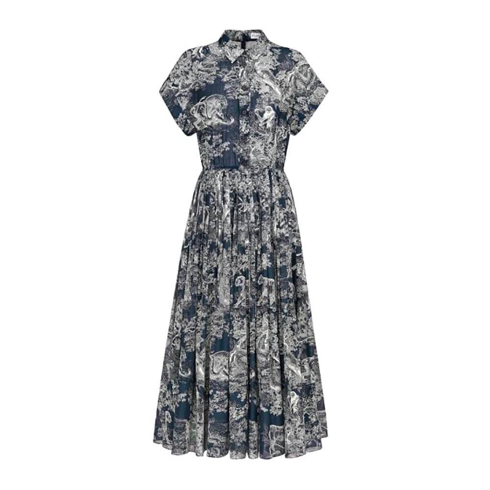 VÁY Dioriviera Mid-Length Dress Navy Blue Cotton Voile with Toile de Jouy Reverse Motif