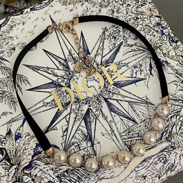 Vòng cổ Dior D-Renaissance Choker Gold-Finish Metal with Black Grosgrain and White Resin Pearls