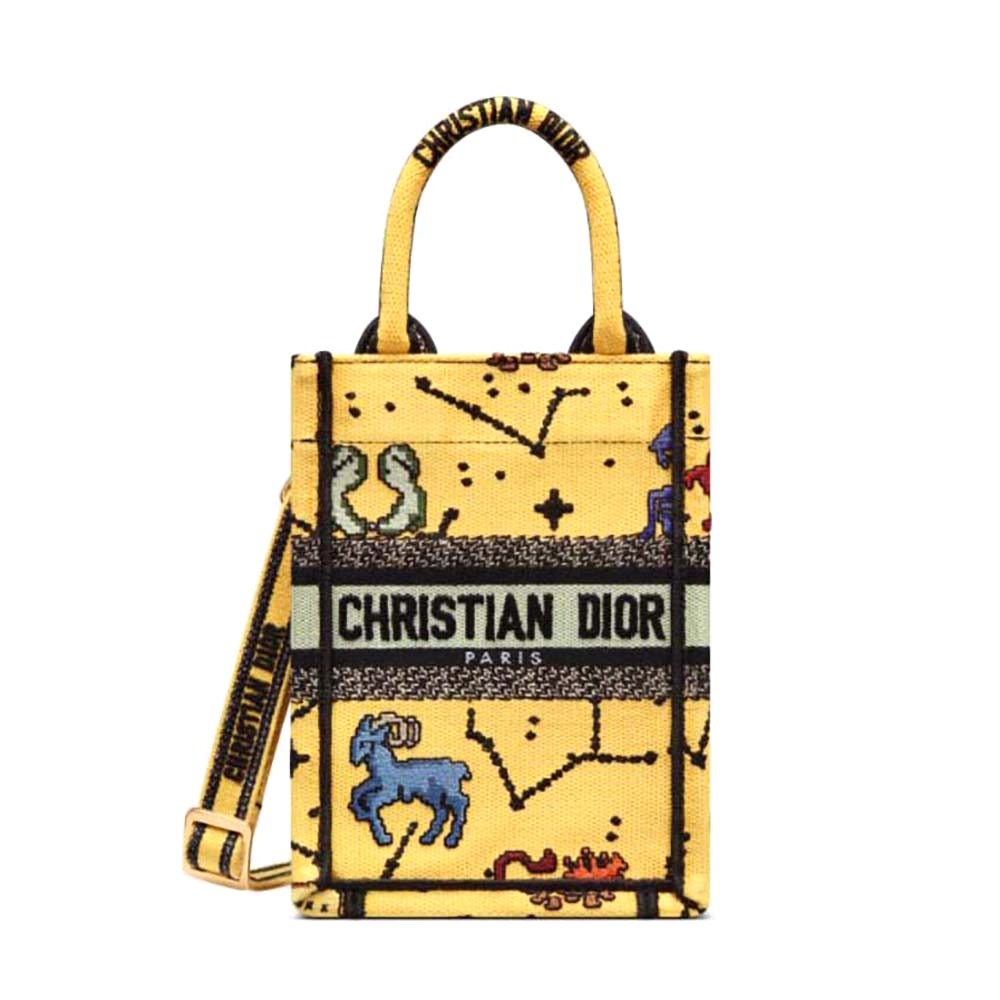 TÚI Dior Women Mini Dior Book Tote Phone Bag Yellow Multicolor Dior Pixel Zodiac Embroidery