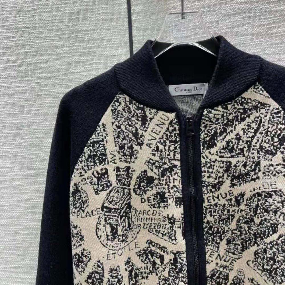 ÁO Dior Bomber Jacket Beige and Black Technical Virgin Wool Knit with Plan de Paris Motif