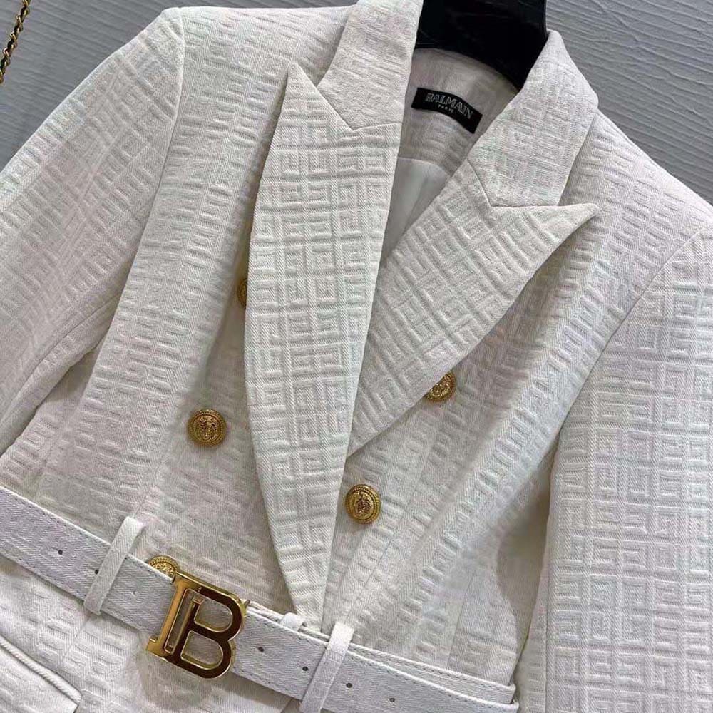 ÁO Balmain Women Double-Breasted Cotton Blazer with Balmain Buckle-White