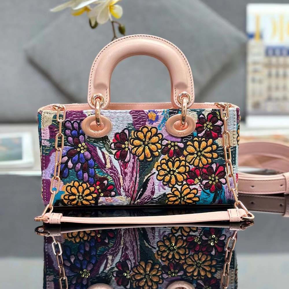 Túi Dior Women Medium Lady D-joy Bag Beige Multicolor Brocart Embroidery