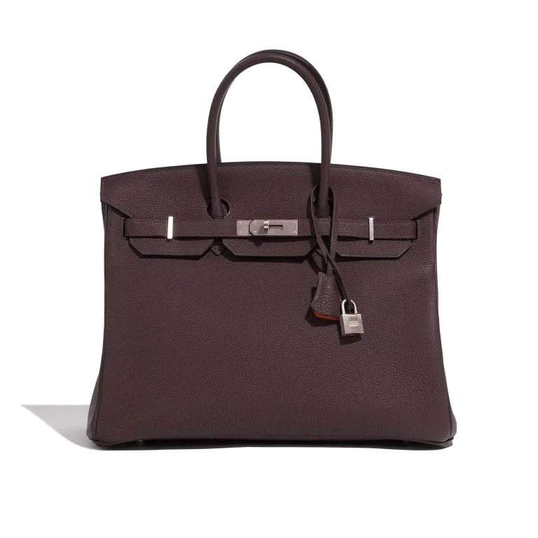 TÚI Hermès Birkin 35 Togo Chocolat Orange Poppy Silver Buckle khóa trắng