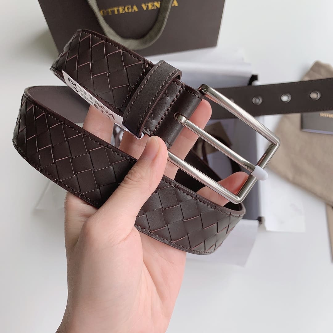 DÂY LƯNG BOTTGA VENETA BROWN INTRECCIATO LEATHER Khóa bạc