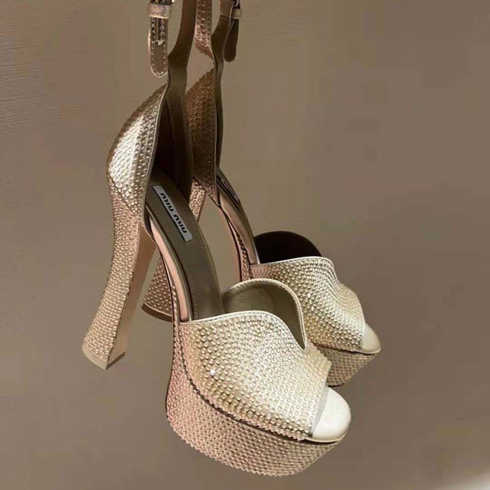 GIÀY Miu Miu Women Satin Platform Sandals with Crystals-Gold