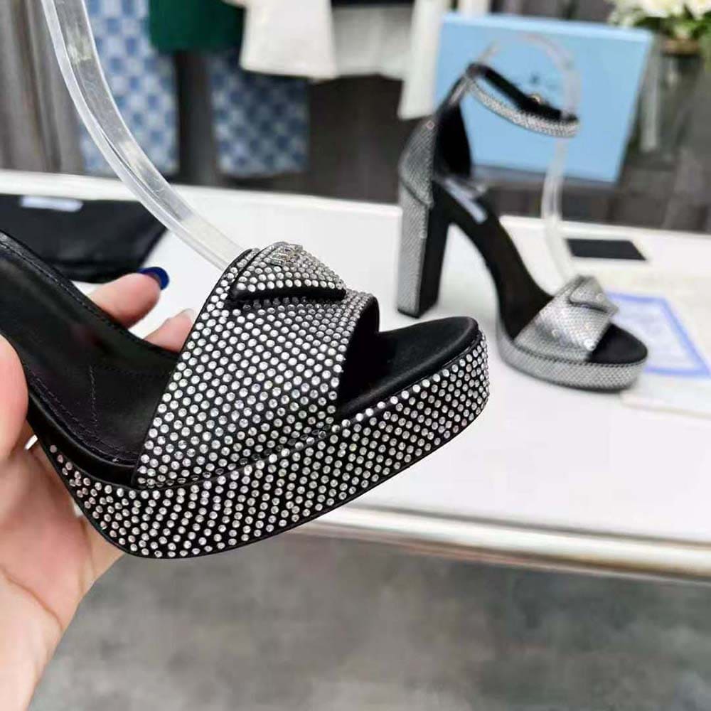 GIÀY Prada Women Satin Platform Sandals with Crystals-Black