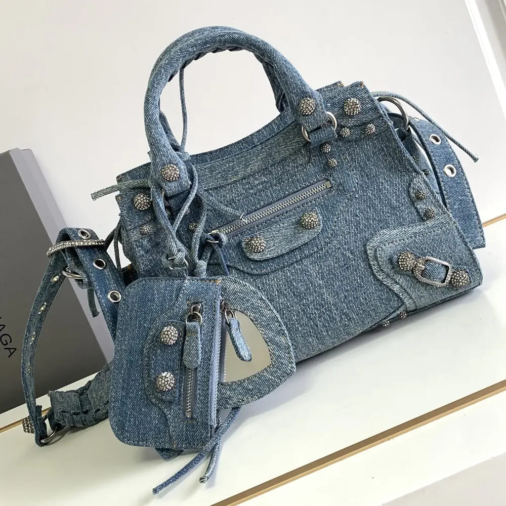 TÚI Balenciaga Women Neo Cagole City Handbag Denim with Rhinestones in Blue
