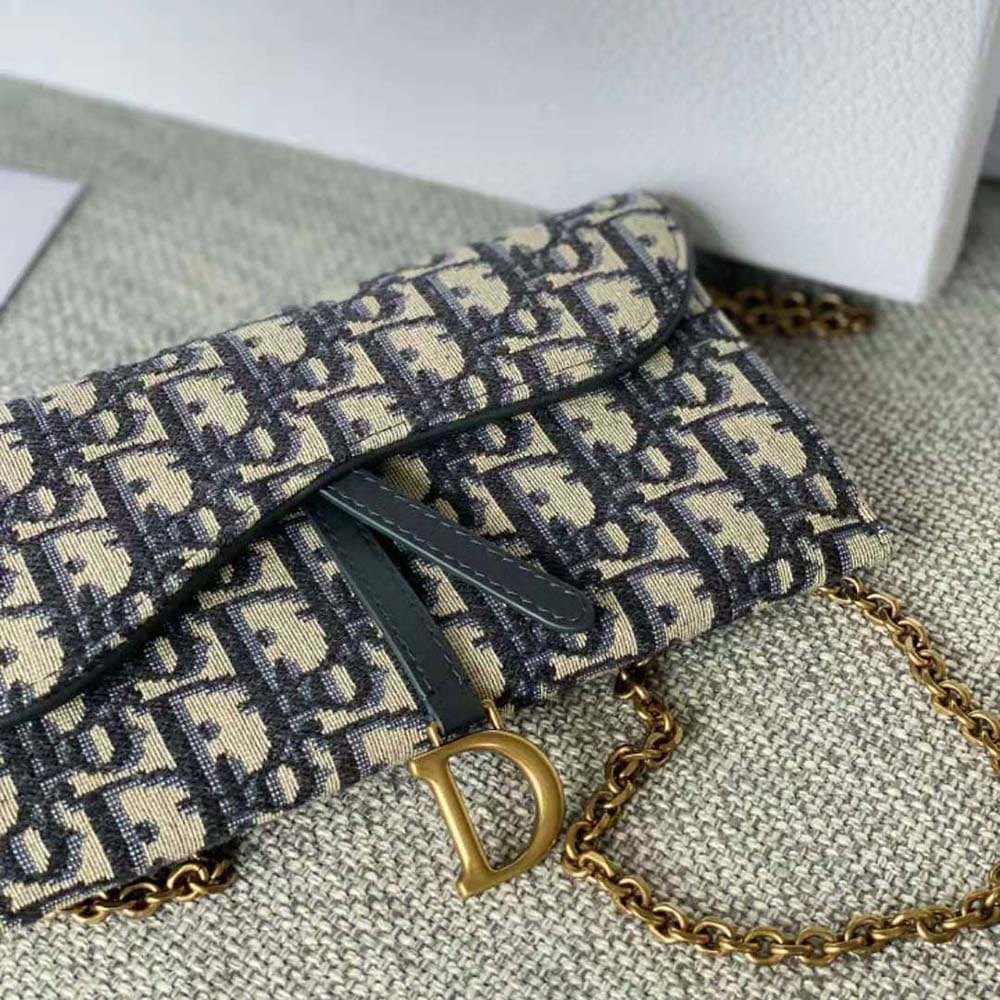 TÚI Dior Women Long Saddle Wallet with Chain Blue Dior Oblique Jacquard