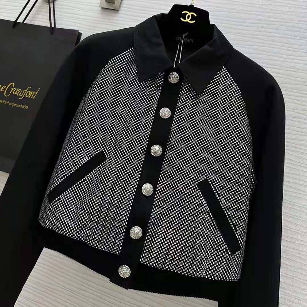 ÁO Balmain Women Cropped Balmain Jacket with Rhinestones