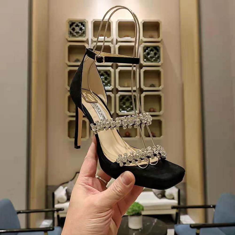 GIÀY Jimmy Choo Women Bing Sandal 105 Black Suede Sandals with Crystal Straps