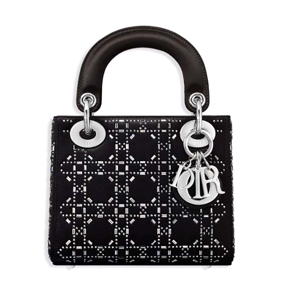 TÚI Dior Women Mini Lady Dior Bag Black Strass Cannage Satin