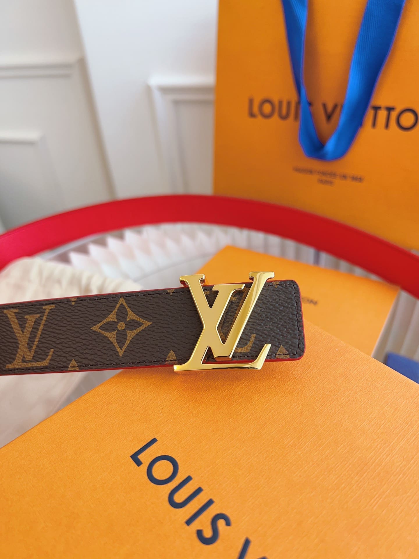 DÂY LƯNG LOUIS VUITTON RED BROWN MONOGRAM LEATHER Khóa vàng