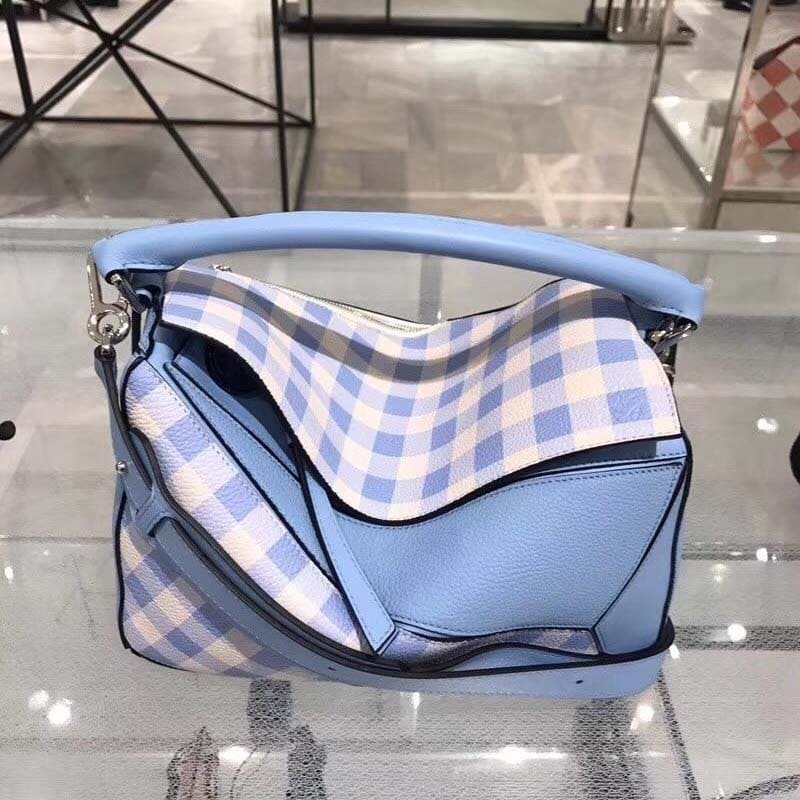 Túi Loewe Women Puzzle Gingham Bag in Calfskin-Blue