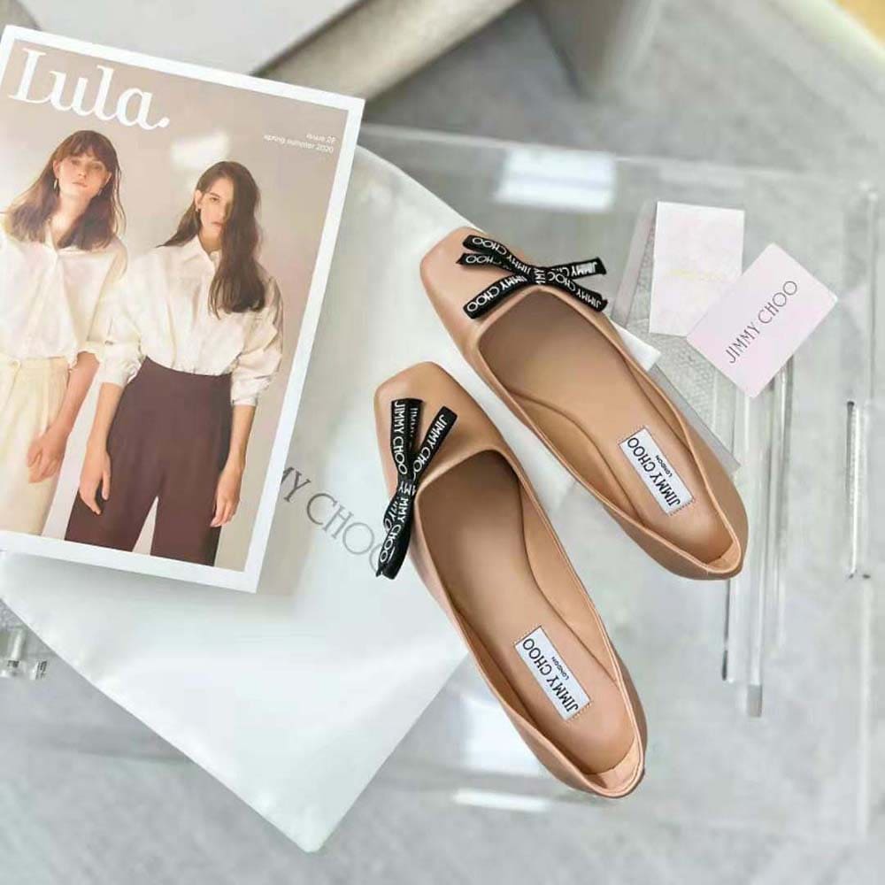 GIÀY Jimmy Choo Women Veda Ballerina Ballet Pink Nappa Leather Flat Ballerina Pumps with Jimmy Choo Bow