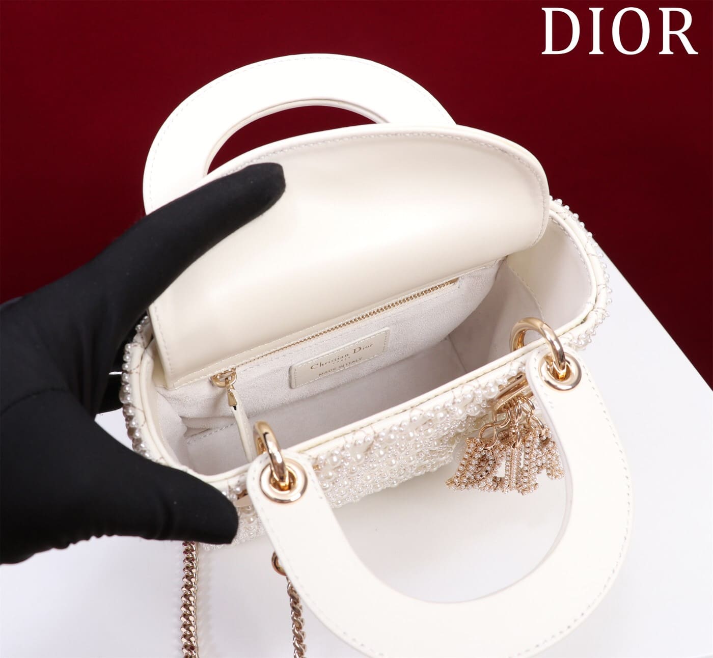 TÚI CHRISTIAN DIOR LADY DIOR Cannage Calfskin with Platinum Beaded Pearl Embroidery White