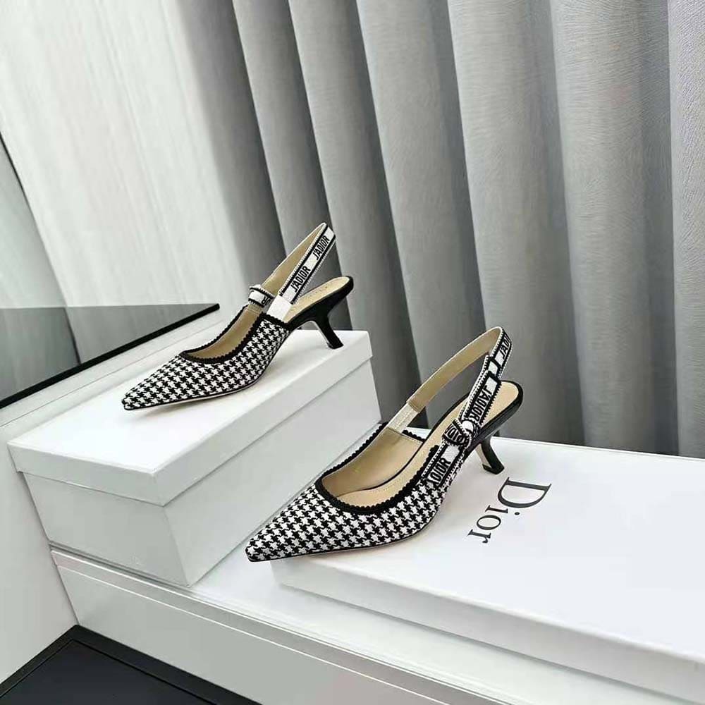 GIÀY Dior Women J’Adior Slingback Pump Black and White Micro-Houndstooth Embroidered Cotton