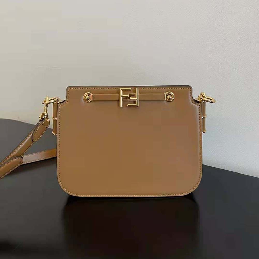 TÚI FENDI Women Touch Leather Bag with A Metal FF Clasp-Brown