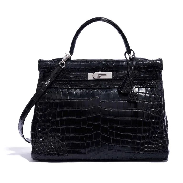 TÚI Hermès Kelly 35 Matte Niloticus Black Silver Buckle khóa trắng