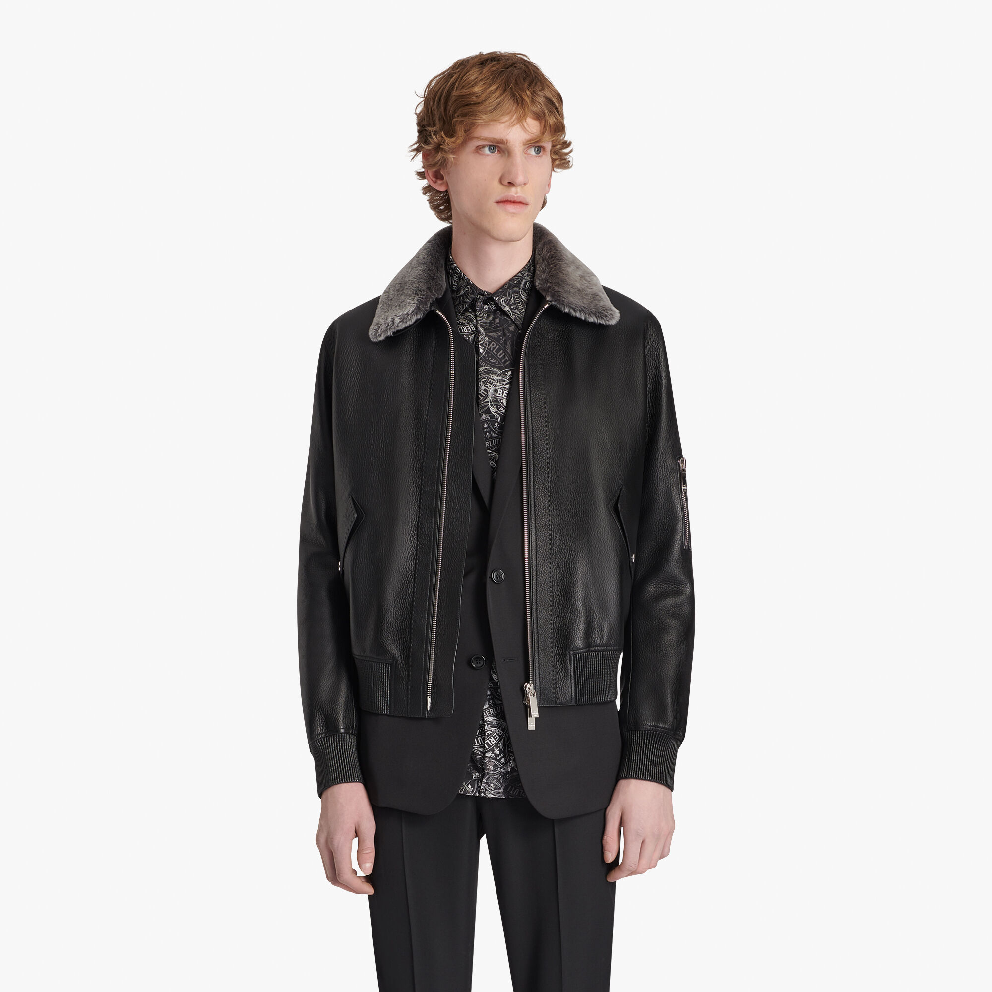 ÁO BERLUTI FUR COLLAR NOIR leather jacket SS2021