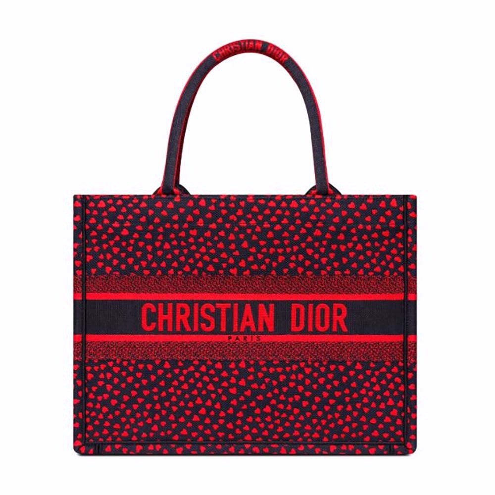 TÚI Dior Women Small Dior Book Tote Navy Blue I Love Paris and Red Hearts Embroidery